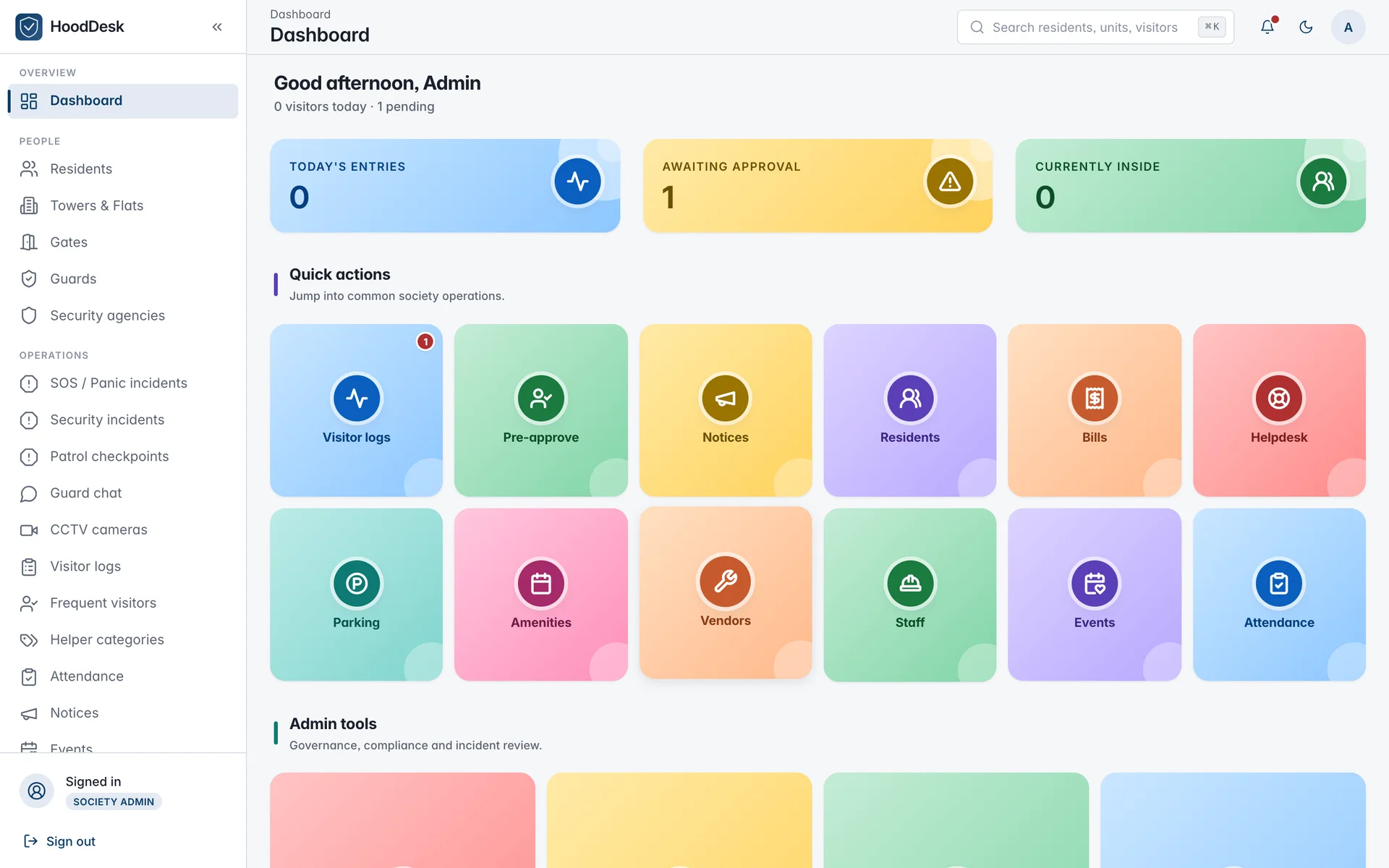 HoodDesk admin dashboard showing today's entries, approvals pending, and quick actions for visitor logs, notices, residents and bills