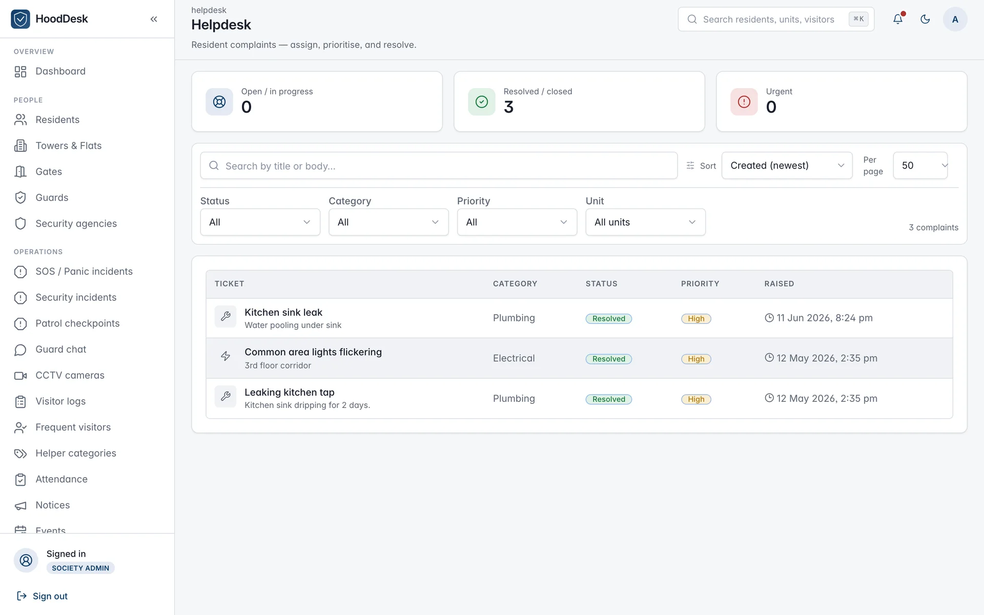 HoodDesk admin helpdesk page with categorised, prioritised resident complaints