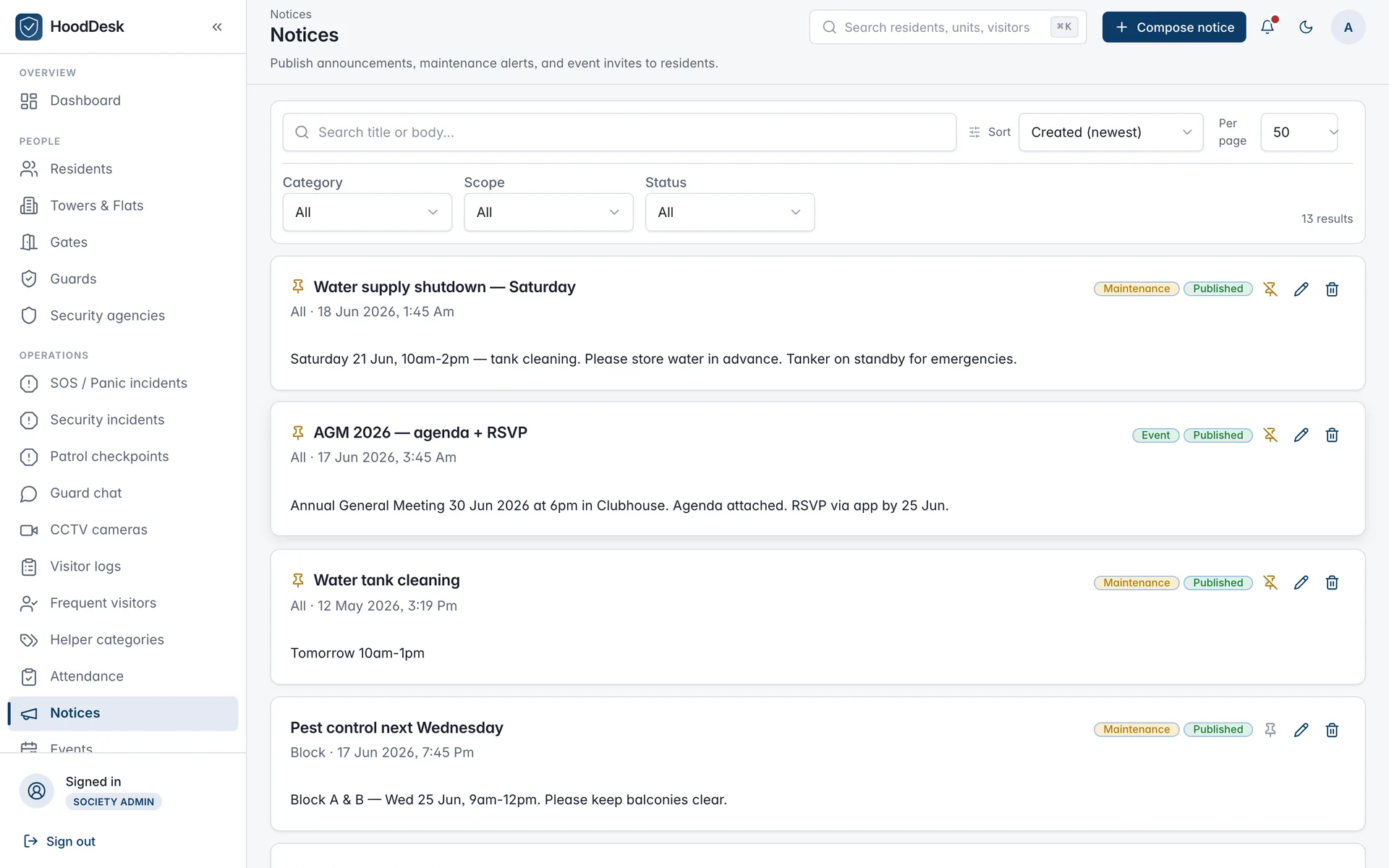 HoodDesk admin notices page with published maintenance and event notices