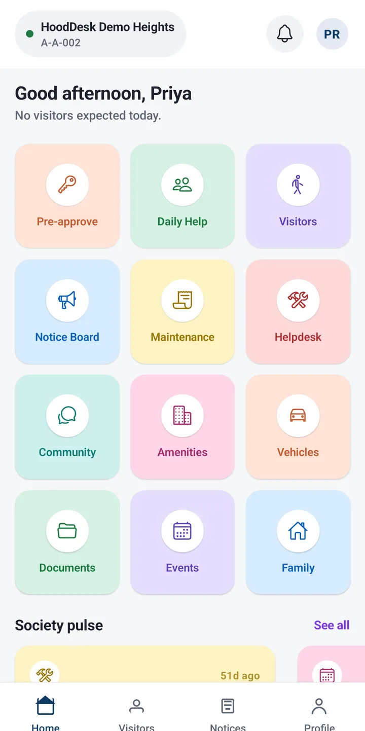 HoodDesk resident app home screen showing visitor, notice and maintenance modules