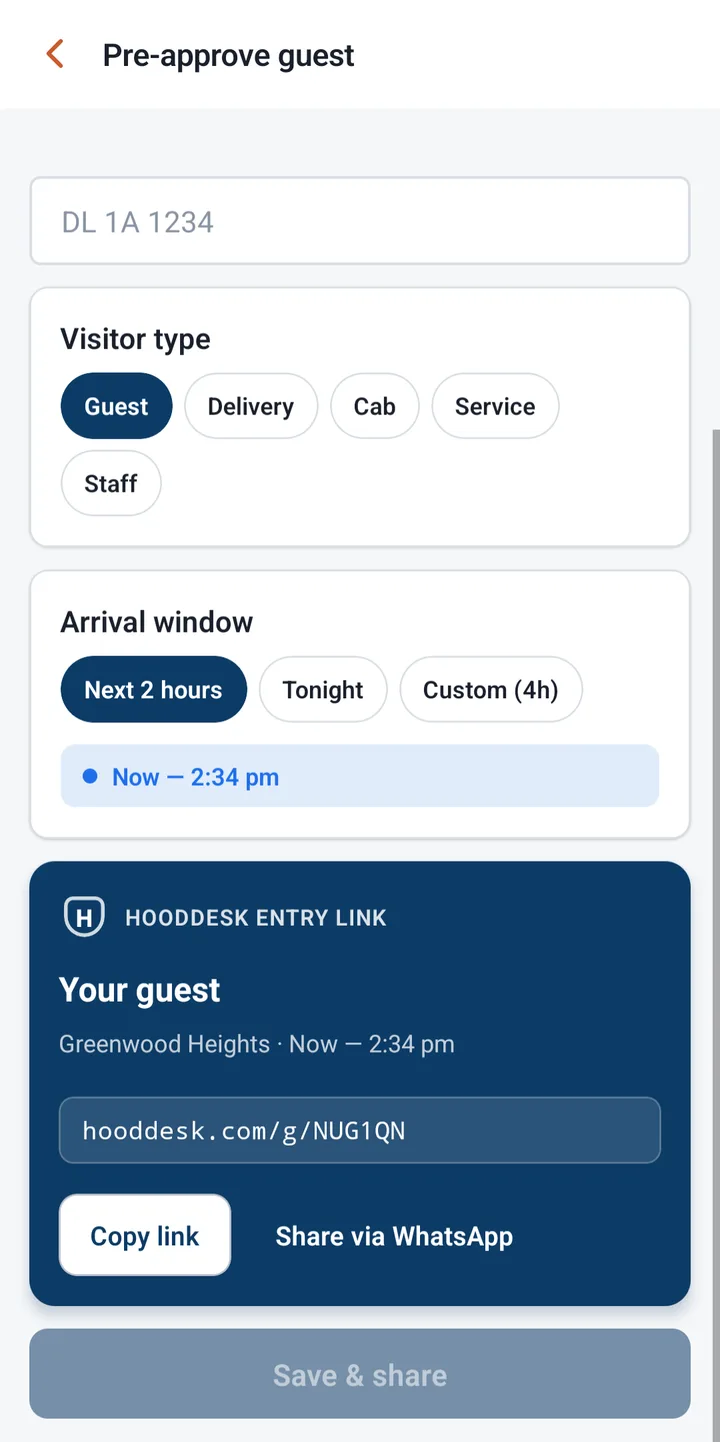 HoodDesk pre-approve guest screen generating a gate entry link to share on WhatsApp
