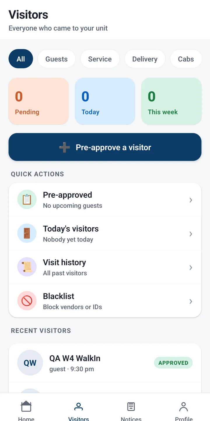 HoodDesk resident app visitors screen with pre-approval quick actions and recent visitor log